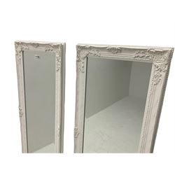 Pair of classical white painted rectangular wall mirror, swept frame, bevelled plate
