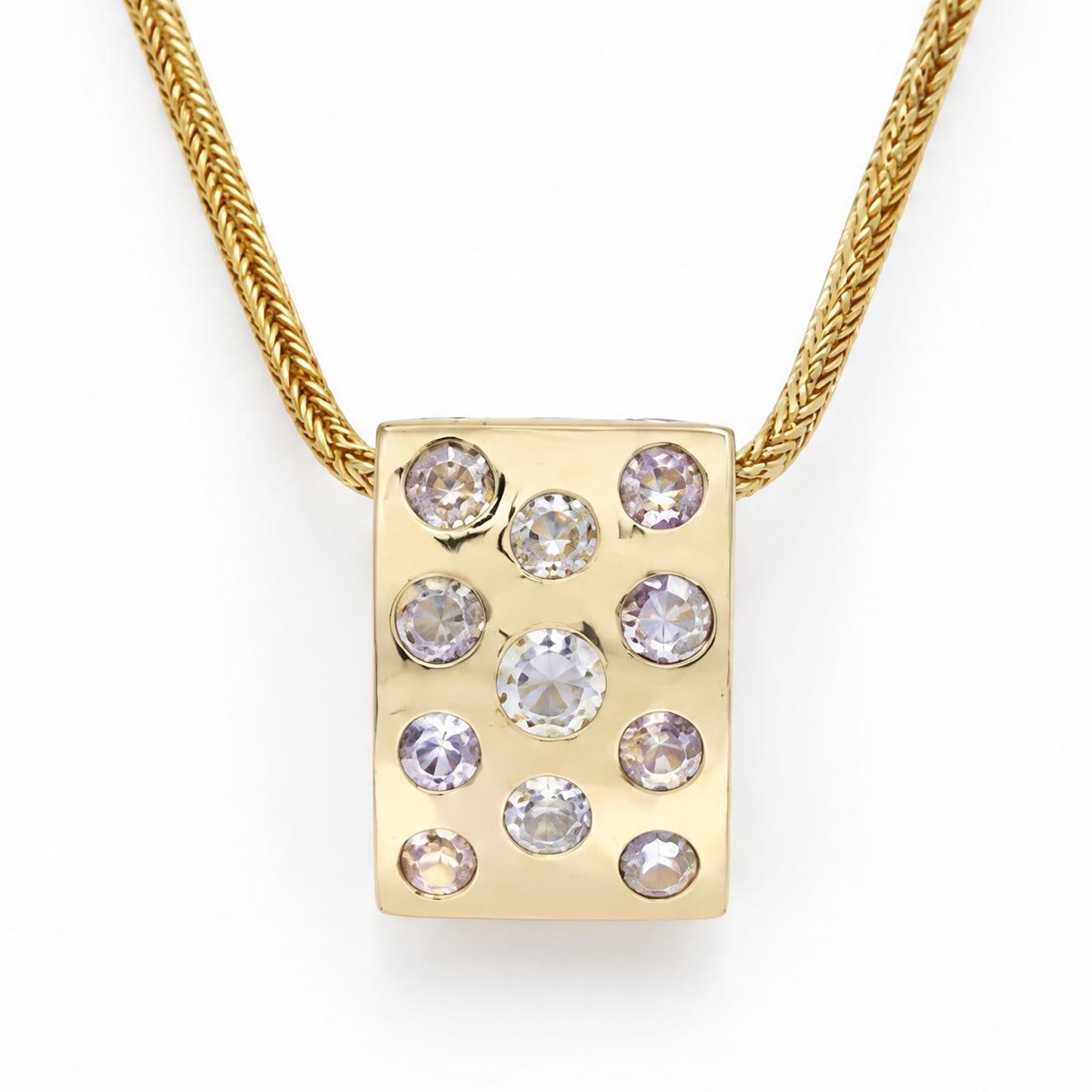 18ct gold diamond pendant necklace, eleven rose cut diamonds, rubover set in a curved rectangular pendant, on gold wheat chain necklace 
