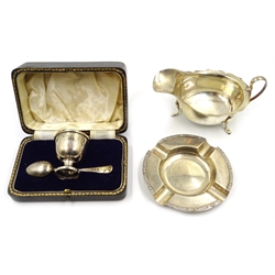  Silver sauce boat, ashtray and christening set boxed, approx 7oz  