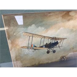 T. Page (early 20th century) - RFC bi-plane in flight over an airfield, bears labels verso 'BE2.B. Dennes Lane R.F.C. Lydd Flying School Oct.1916' and 'Lt. Gerrard R.F.C Lydd 1917 Evening Anti Zeppelin Training Flt. B. Dennes Lane Circum & Bumps', signed watercolour 20.5 x 22.5cm, later mahogany stained frame