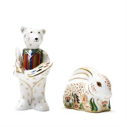 Collection of Royal Crown Derby paperweights, comprising Yorkshire Rose 'Father Tortoise' with gold stopper, boxed, Baby Rowsley Rabbit Exclusive for Sinclairs, with gold stopper, boxed, and three miniature bears (5)