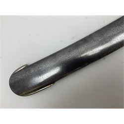 British 1796 Pattern Light Cavalry trooper's sword, the 84cm curving fullered blade stamped Hadley.1 to the back edge, steel hilt with knucklebow, D-shaped langets and leather grip; in polished steel scabbard stamped Osborn & Gunby Birmm. and W.R.16 ( ?16th Light Dragoons) with two suspension rings L100cm overall