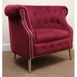  Chesterfield tub armchair, upholstered in a buttoned aubergine velvet, tapering chrome supports, W83cm  