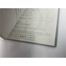 The Royal Mint United Kingdom 2012 'The Queen's Diamond Jubilee' fine silver proof five ounce ten pounds coin, numbered 607 of a limited mintage of 1952, cased with certificate