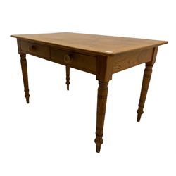 Victorian pitch pine rectangular table, two drawers