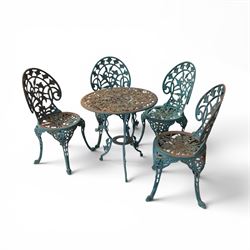 Cast iron garden table and four chairs, in the Art Nouveau style, with pierced floral and foliate decoration throughout, circular table raised on four cabriole legs with stretcher ring, chairs with shaped openwork backs and seats, in a weathered green finish
