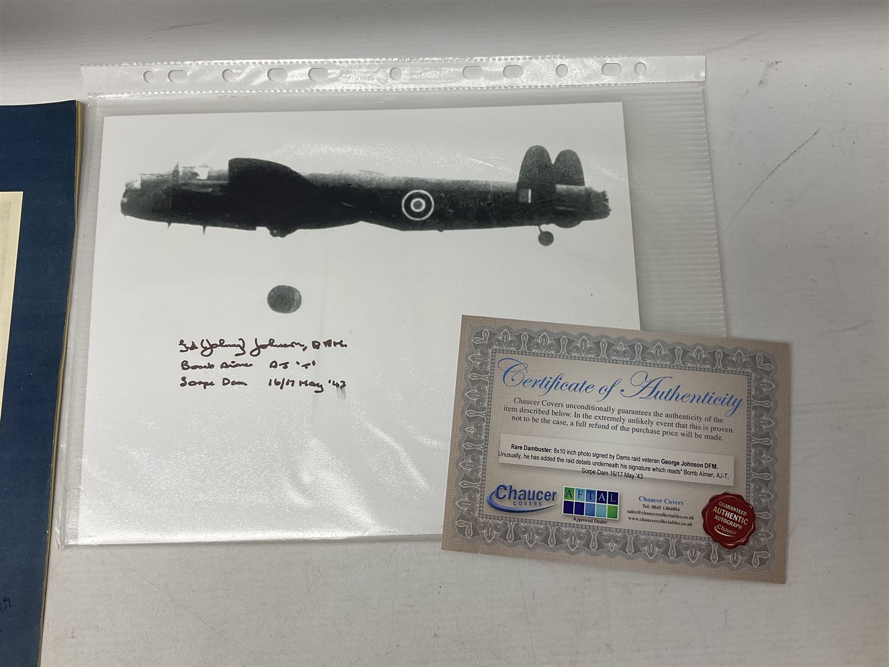 Dambusters 617 Squadron memorabilia - three signed photographs of Lancaster aircraft in flight, group photograph, copy of Vickers-Armstongs letter and drawing from Barnes Wallis, The History of 617 Squadron by Sqn. Ldr. S.J. Hillier, facsimile sets of signatures, FDCs, sheet music, Richard Todd signed photograph and greeting card, etc