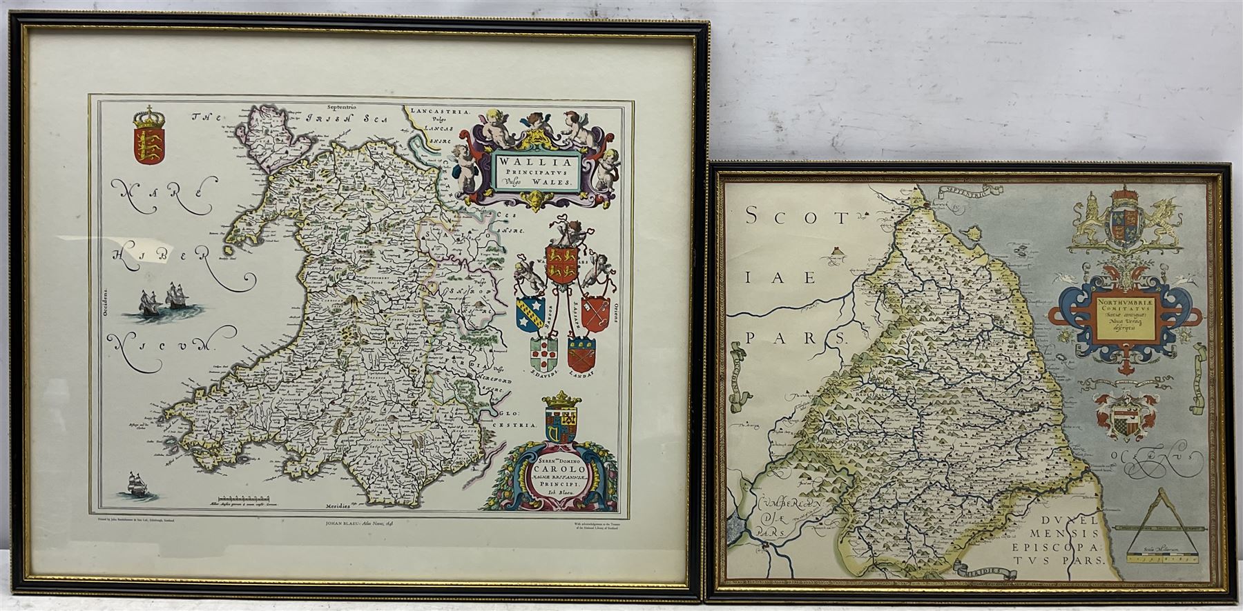 After Johannes (Joan) Blaeu (Dutch 1596-1673): 'Wallia Principatus vulgo Wales', 20th century reproduction map 50cm x 60cm; After Christopher Saxton (British c.1540-c.1610): 'Northumbria Comitatus', 20th century reproduction map 38cm x 46cm (2)