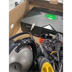 X-Box games console with two controllers, headphones and sharp shooter gun