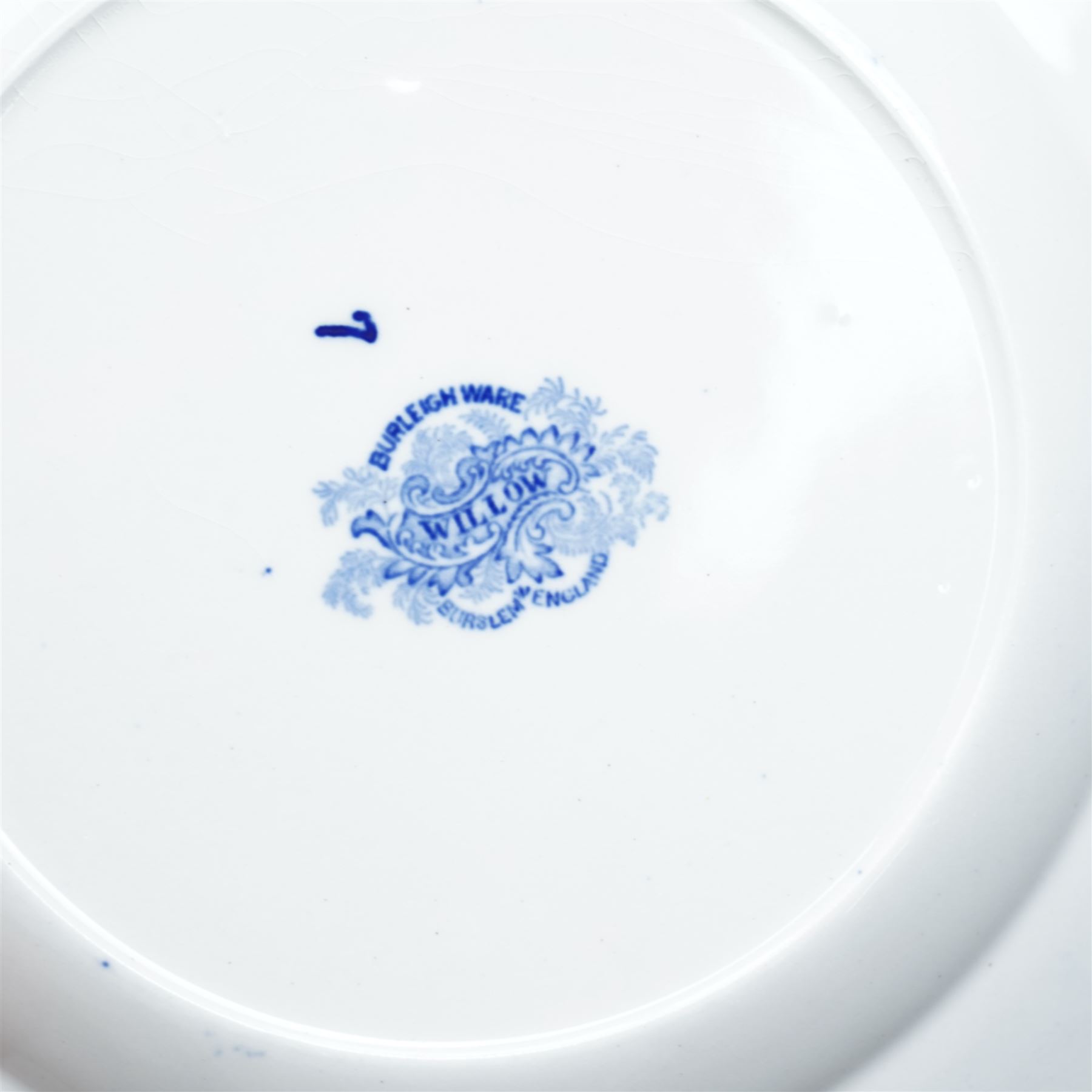 Large collection of Burleigh Ware blue and white Willow pattern dinnerware, comprising twenty one dinner plates, twelve side plates, four platters of graduating size, two tureens with saucers, and two vegetable dishes