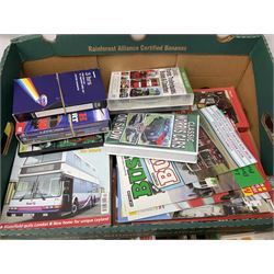 Collection of bus related magazines dating from the 1960s and later, to include Buses Illustrated Magazine, by Ian Allen, Bus & Coach Preservation magazine, 1960s and later bus timetables, quantity of blankets, classic trams, buses, coaches VHS tapes etc in seven boxes