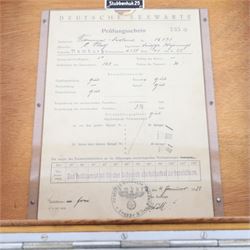WWII Nazi German Kriegsmarine sextant by C. Plath, Hamburg, marked with impressed manufacturer’s logo, name and location, index arm stamped with Nazi eagle and swastika over Runic M, 2302, in original transit case with examine certificate by Deutsche Seewarte to the lid
