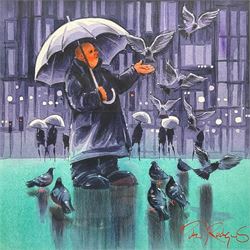 Peter J Rodgers (Northern British Contemporary): Feeding Pigeons in the Rain, watercolour signed 30cm x 30cm