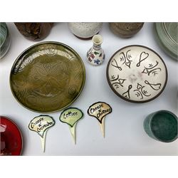 Quantity of studio pottery to include square section vase decorated with blossoming branches, other studio pottery to include jugs, bowls, vases etc, with various marks, duck egg b,J.E. bowl stamped Buchan, continental pottery, other stoneware pottery to include glazed jar with lid etc