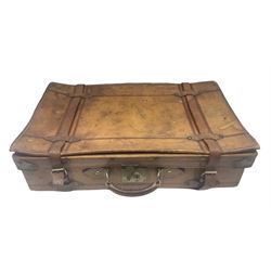 Late 19th/early 20th century stitched and studded leather portmanteau type suitcase with expanding lid and straps, L61cm