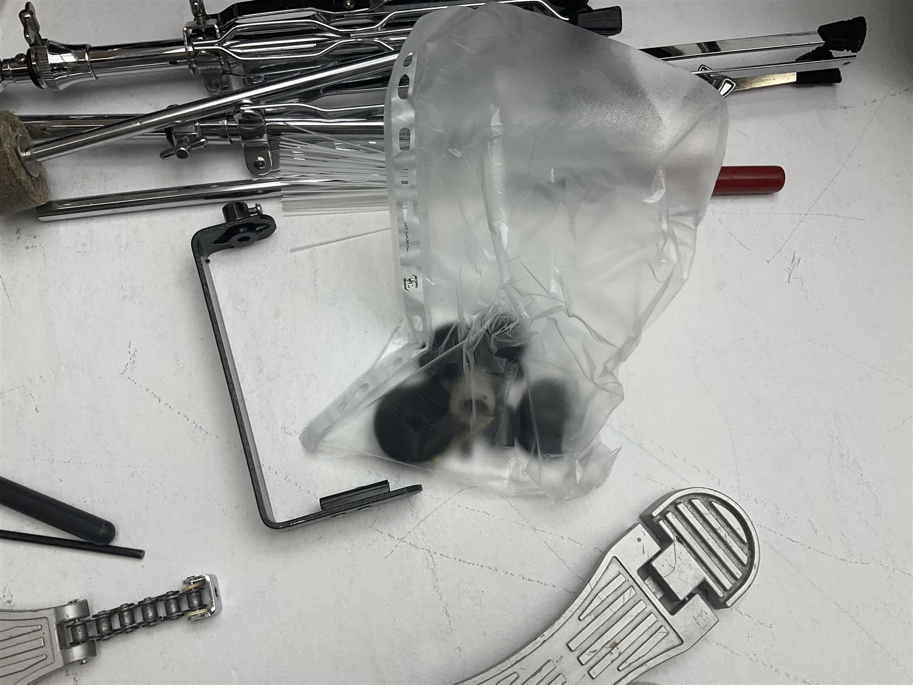 Rockburn eight-piece black drum kit with bass drum, floor tom and five other toms and snare drum; together with two other snare drums; Haosen bass drum; four cymbals; various stands, foot pedals, stool, tri-angle, drum sticks etc