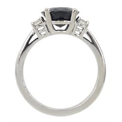 18ct white gold three stone oval mix cut sapphire and round brilliant cut diamond ring, stamped, sapphire approx 3.60 carat