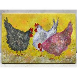 Ann Lamb (British 1955-): 'Three French Hens', mixed media on canvas signed 40cm x 59cm