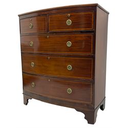 19th century inlaid mahogany bow front chest, fitted with two short and three long drawers