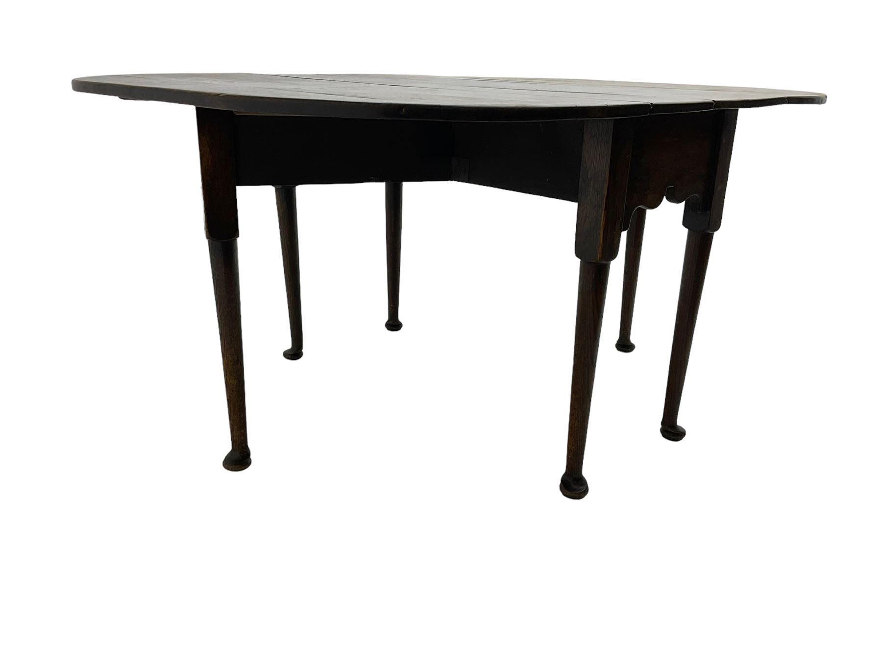 George III oak drop-leaf dining table, oval top over gate-leg action cabriole supports