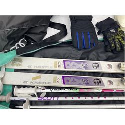 Skiing equipment, to include pair of Kastle RX15 skis with Salomon 151 ski bindings attached, Salomon ski bag, pair of Saloman SX61 ski boots, Saloman boot bag, two sets of ski poles, a collection ski suits, trousers and jackets, etc. 