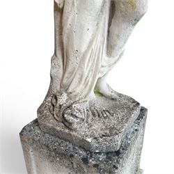 Weathered cast stone garden statue of a 'Shy Maiden', raised on square plinth base