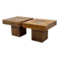 Pair of contemporary hardwood occasional tables, square tops with central recessed acrylic panels, on block pedestal bases