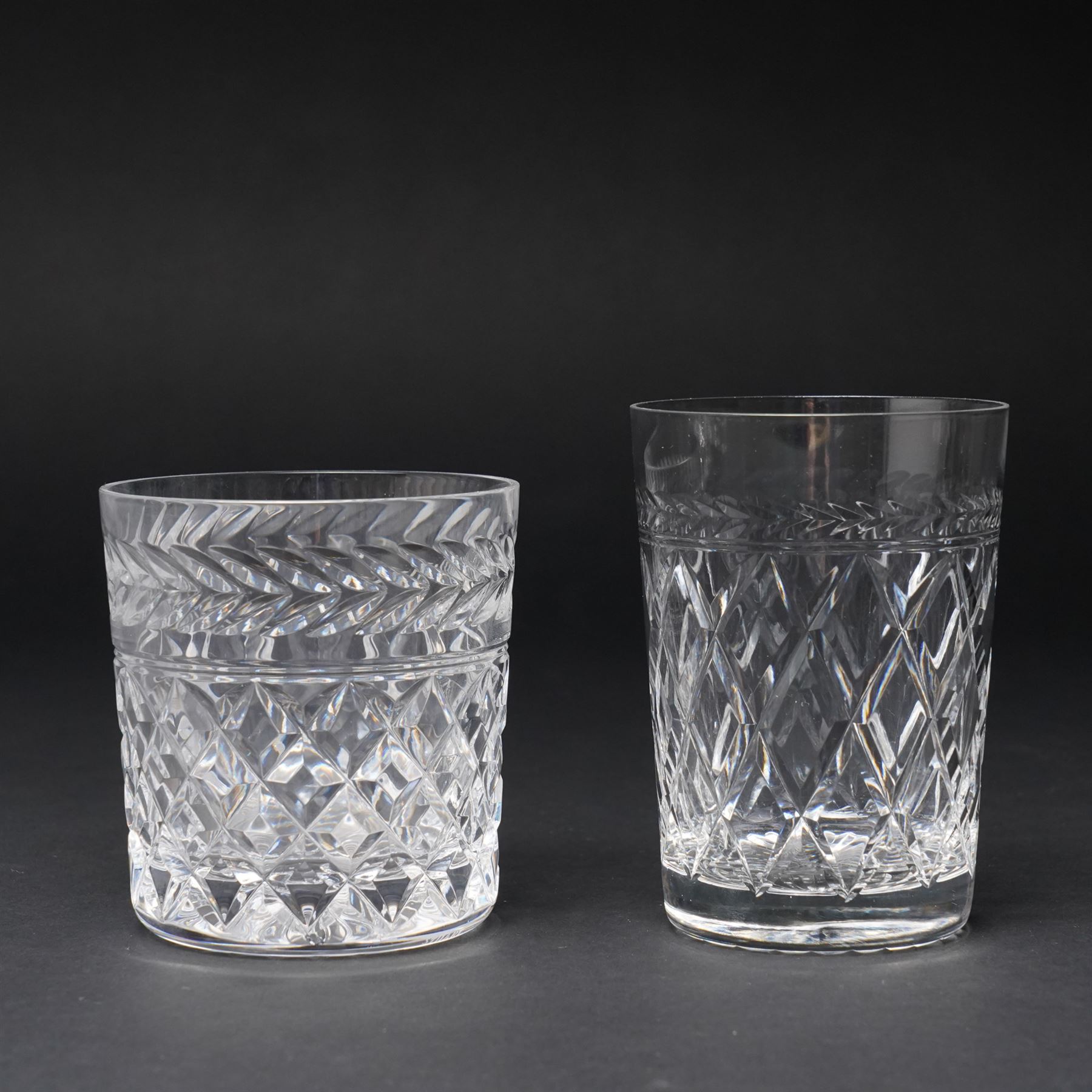 Quantity of Stuart crystal including six Cheltenham whisky tumblers, six claret glasses, six water tumblers and decanter with similar Stuart glass including sherry glasses, two brandy balloons, water jug etc