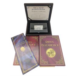 Baird and Co five ounce fine silver bullion 'Britannia Coin Bar', formed from a one ounce United Kingdom one ounce silver Britannia coin set into a four ounce bar, cased with Westminster certificate, together with various Queen Elizabeth II commemorative coins or medallions in card folders