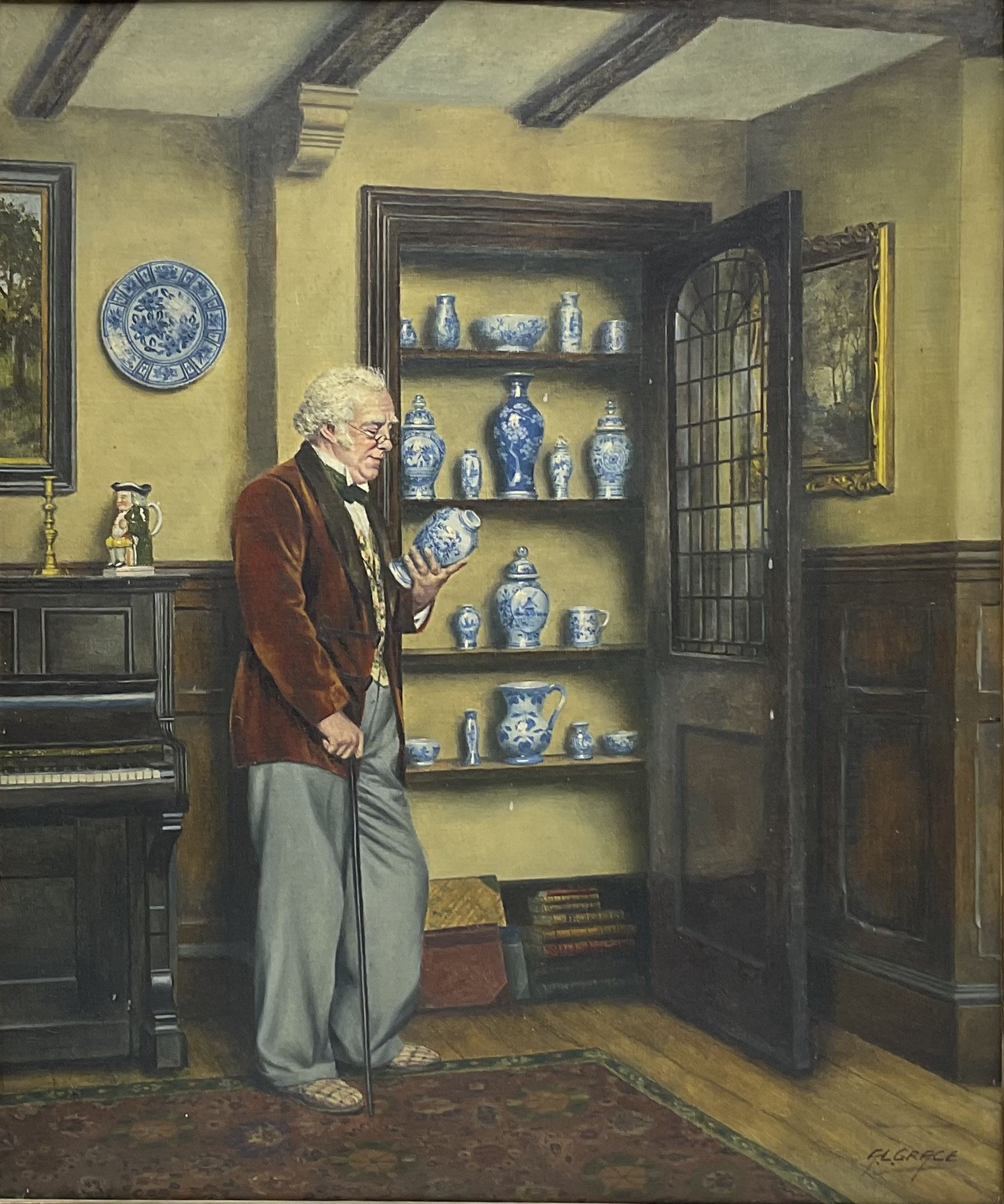 A L Grace (British 20th century): The Connoisseur and the China Cupboard, oil on canvas signed, the canvas stamped 'Prepared by C Roberson & Co Ltd, 71 Parkway, London NW1' (used 1939/67), 60cm x 50cm