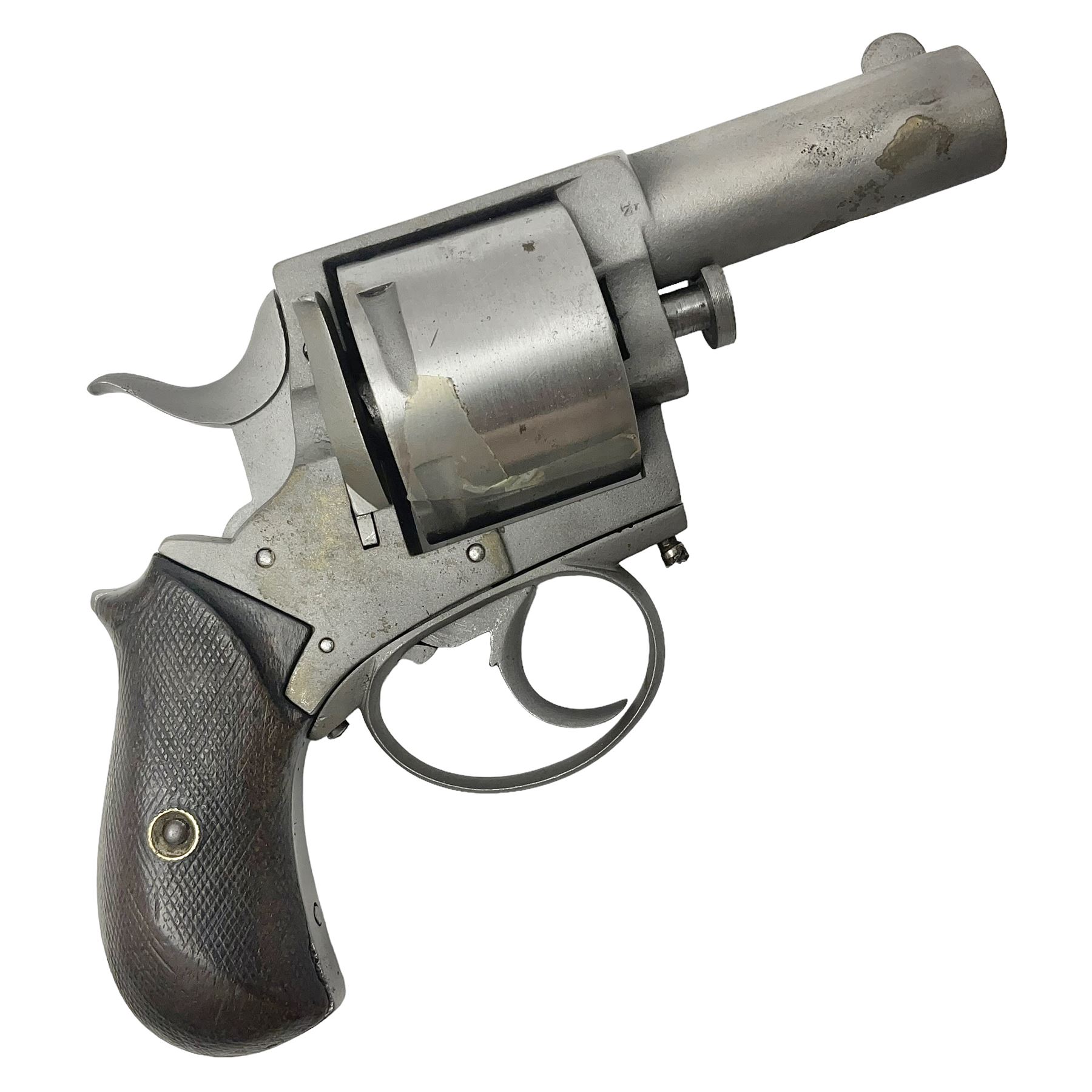 The major parts only of a British Bull-Dog .500 Boxer five-shot revolver comprising stripped down framework, cylinder, trigger with guard, functioning hammer and two-piece chequered grip; retailed by G. Goth Buenos Ayres; Belgian proof marks; L19.5cm overall; in fitted mahogany case 