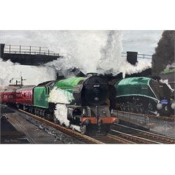 Dave Stanley (British 20th century): 'See You Later', Eastern Region A1 Pacific 60117 'Bois Russell' approaching Copenhagen Tunnel, passing A14 60014 Silver Link, oil on board signed and dated '74, extensively titled verso 50cm x 75cm