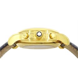 Montblanc Meisterstück gentleman's automatic chronograph gold-plated wristwatch, Ref. 7016. Cal. 4810 501, black dial with Arabic hour markers, dials at 6, 9 and 12 for seconds, 30 minute and 12 hour recording, day / date aperture, on original black leather strap, with gilt Montblanc buckle, boxed with warranty dated 1999