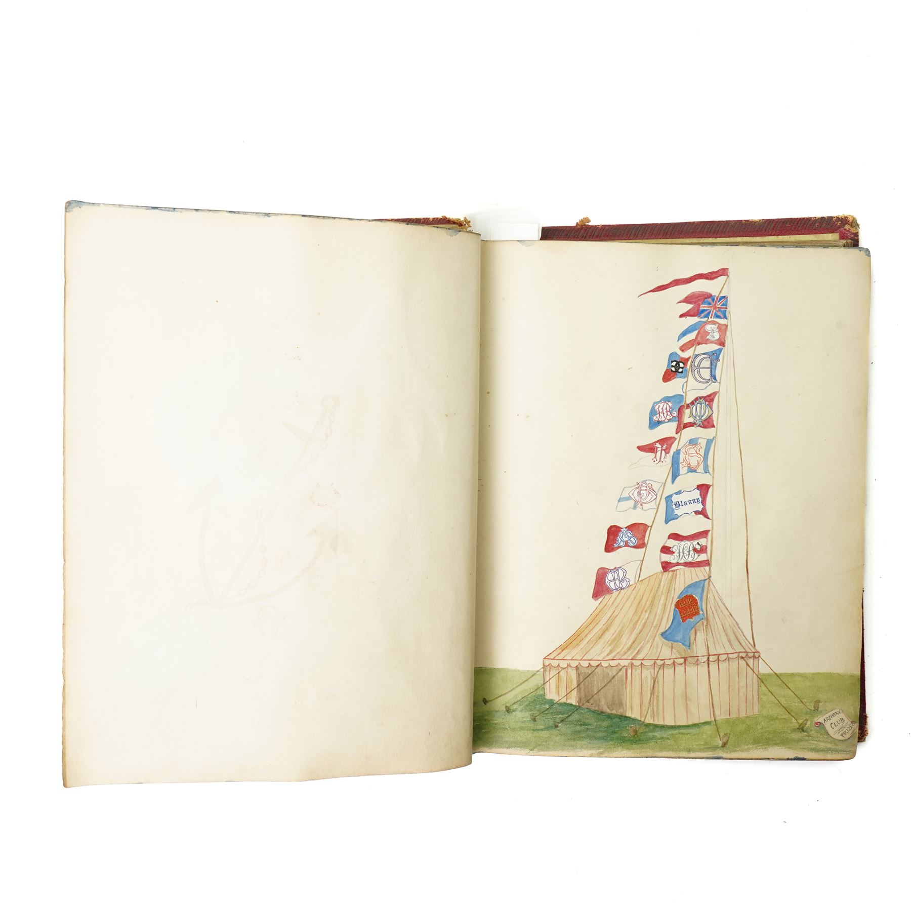 Victorian scrap book intricately worked with scraps heightened in watercolour with crests, military subjects and others on sixty five pages