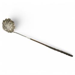 Set of six Edwardian silver coffee spoons London 1902 Maker Josiah Williams & Co, various other silver teaspoons, preserve spoons with mother of pearl handles, silver and mother of pearl fruit knife, early 19th century punch ladle, unmarked, etc