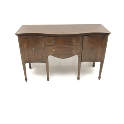  Regency style mahogany serpentine sideboard, two cupboards flanking two drawers, W138cm, H88cm, D55cm   