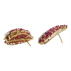 Pair of gold marquise cut ruby and round brilliant cut diamond, abstract flame design stud earrings