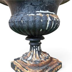 Circle of Coalbrookdale - 19th century cast iron and black painted campana shape urn with flared and scalloped rim, gadrooned underbelly on stepped square base