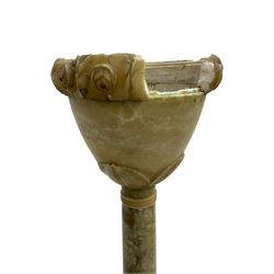 Early to mid-20th century green and black gradient alabaster uplighter standard lamp, the shade with flower head decorated rim and foliage decoration to the underbelly, on collar turned tapered stem terminating to splayed moulded foot, square base