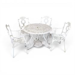 Victorian design cast aluminium circular garden table and four armchairs, ornate grape des...