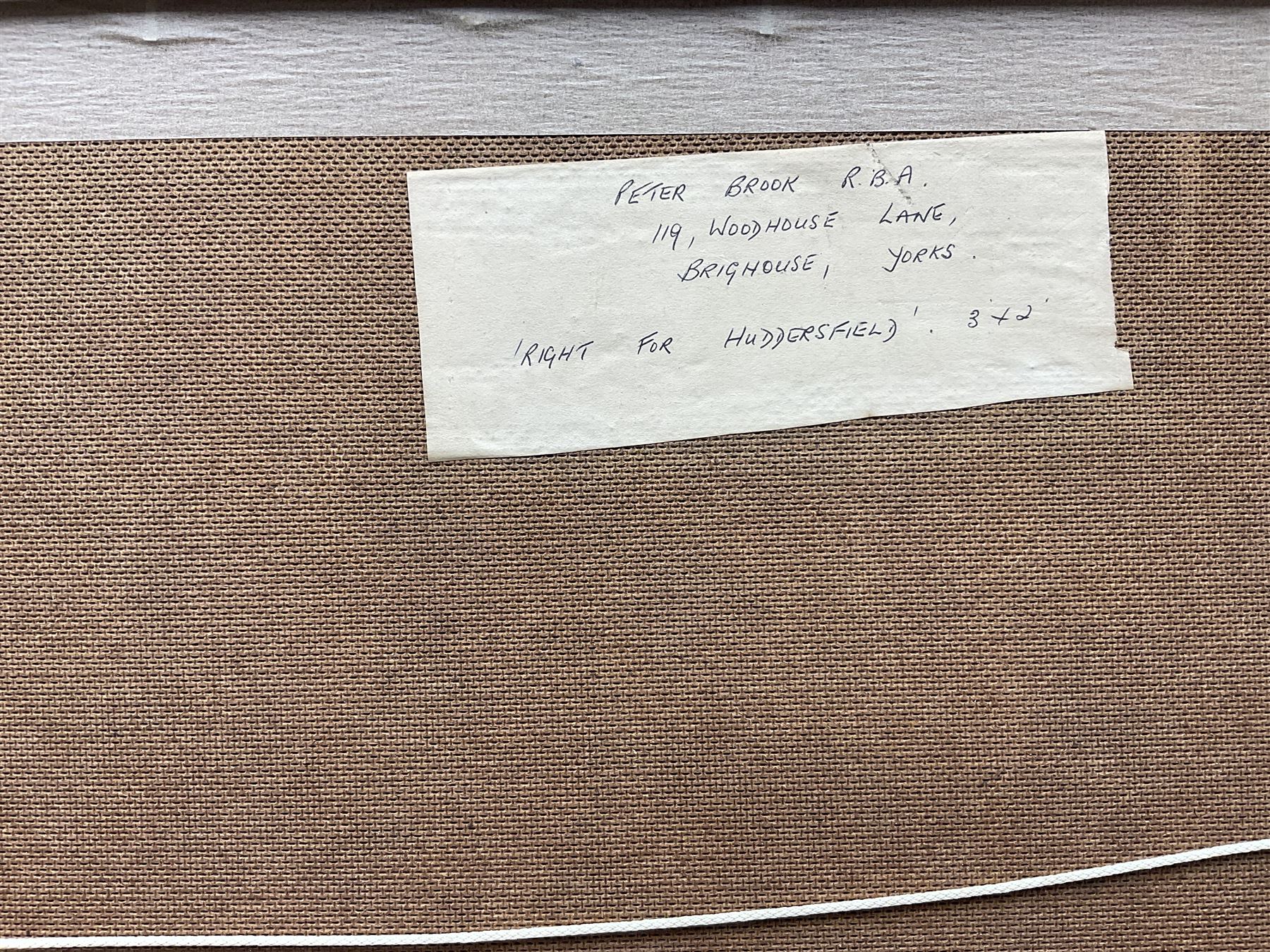 Peter Brook (Northern British 1927-2009): 'Right for Huddersfield', oil on board signed, titled verso 60cm x 90cm
Provenance: West Yorkshire dec'd estate; the deceased was good friends with the artist.