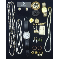  Victorian Whitby jet brooch, pearl necklaces, pair of ear-rings, bone brooches, costume jewellery and wristwatches  