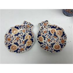 Pair of Japanese Imari vases with floral decoration, together with two Imari shell dishes etc, vases H24cm