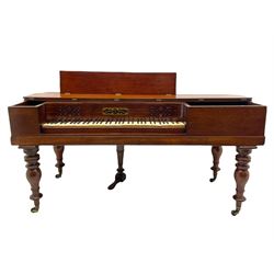 Collard & Collard - early 19th century mahogany square piano, hinged and retractable keyboard cover and lid, turned legs on brass castors
