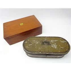  19th century painted tin box, oblong form with folding handle, L42cm and mahogany canteen box with lift out tray (2)  