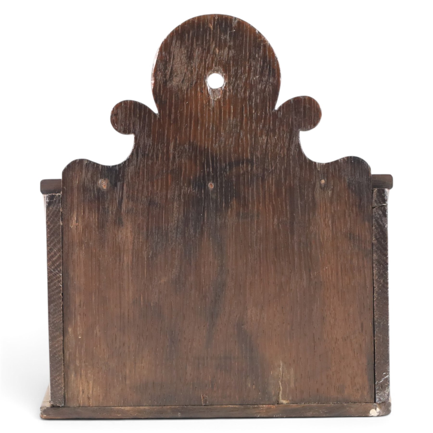 19th oak candle box, of rectangular form with hinged lid, the front with inlaid heart decoration, H25cm  