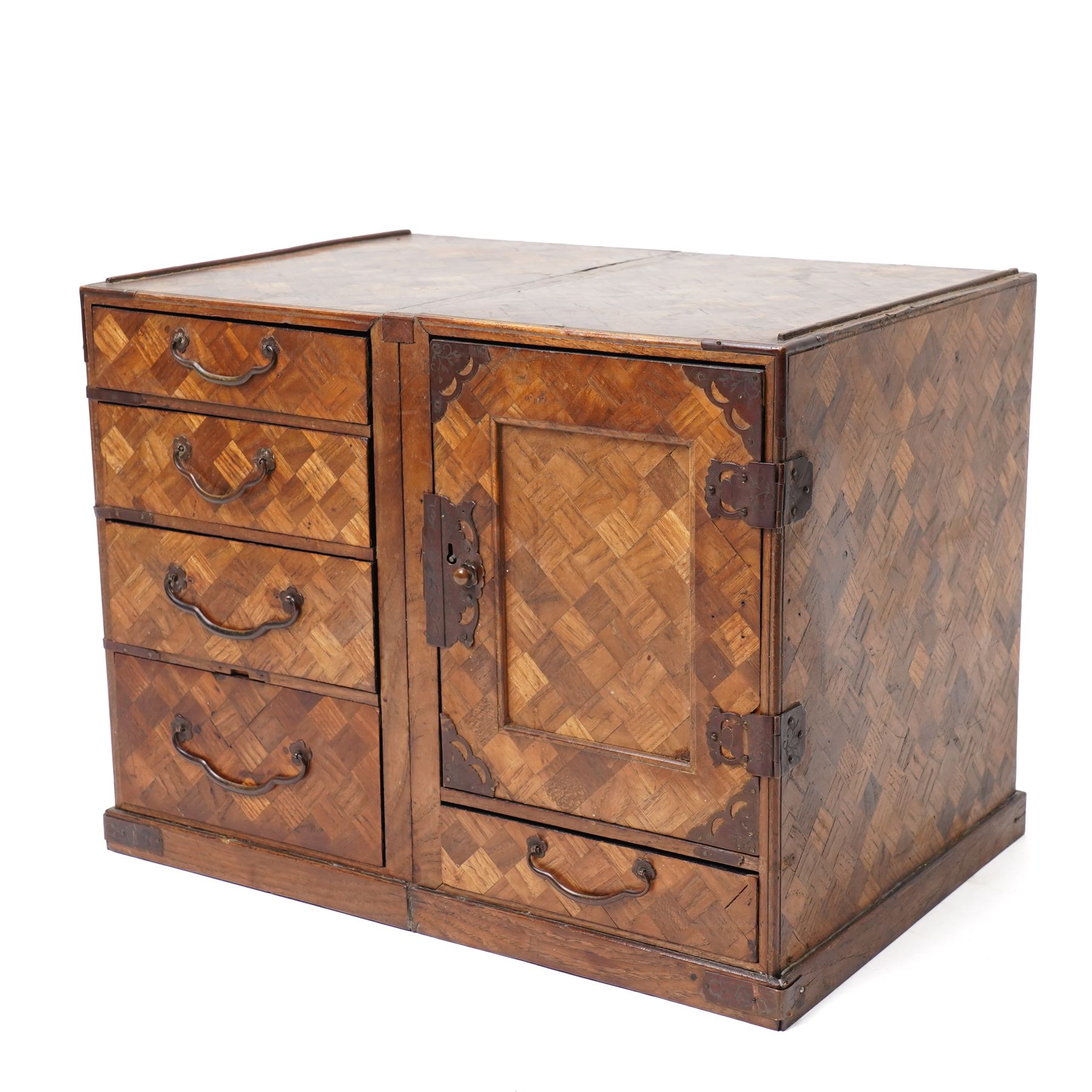 19th century Japanese parquetry scholars box, the left side opening to reveal two further drawers 
