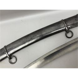 British 1796 Pattern Light Cavalry trooper's sword, the 84cm curving fullered blade stamped Hadley.1 to the back edge, steel hilt with knucklebow, D-shaped langets and leather grip; in polished steel scabbard stamped Osborn & Gunby Birmm. and W.R.16 ( ?16th Light Dragoons) with two suspension rings L100cm overall
