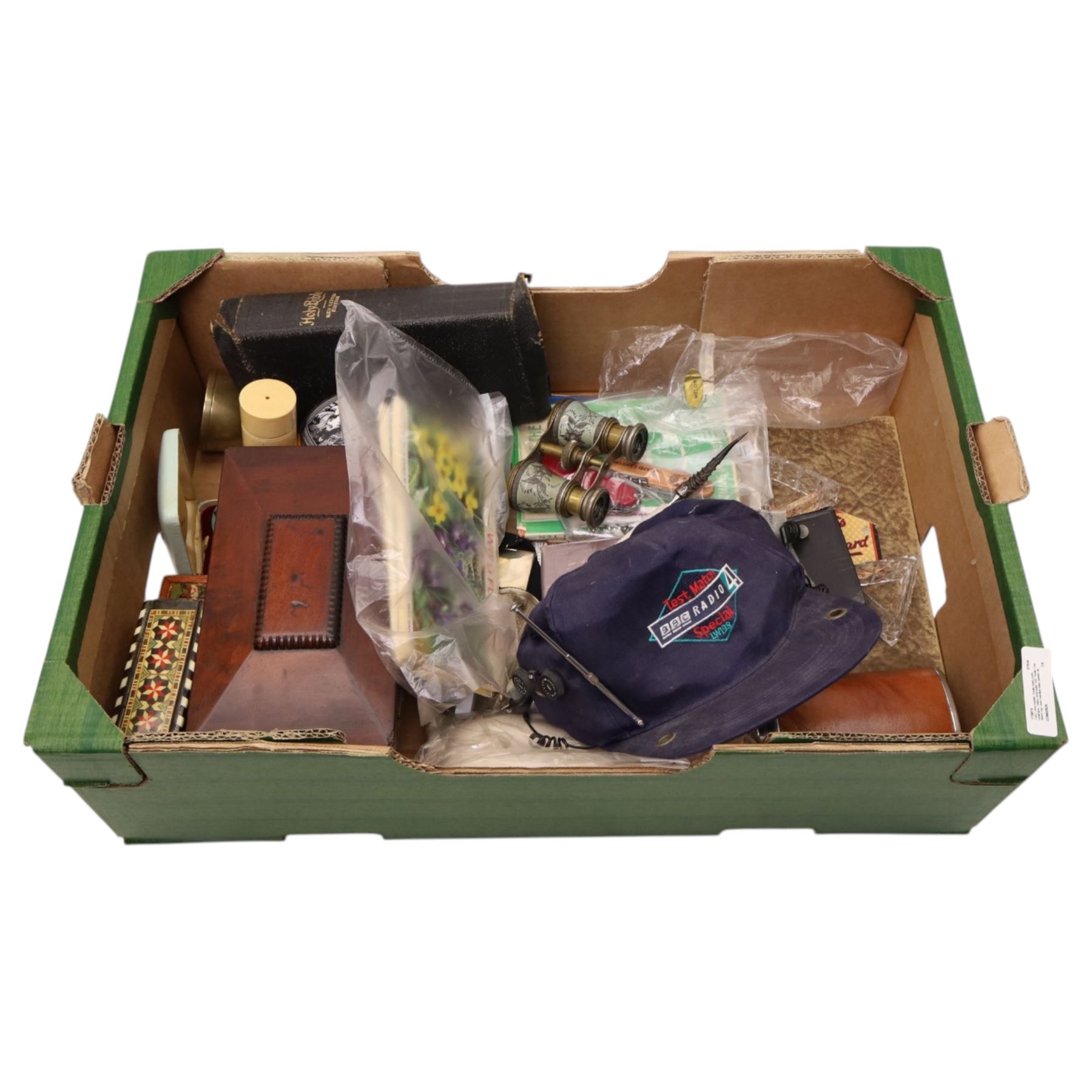 Tony Lama buckle, Austin spare parts catalogue, Swiss army knife, BBC Radio Test Match cap, horn handled letter opener etc