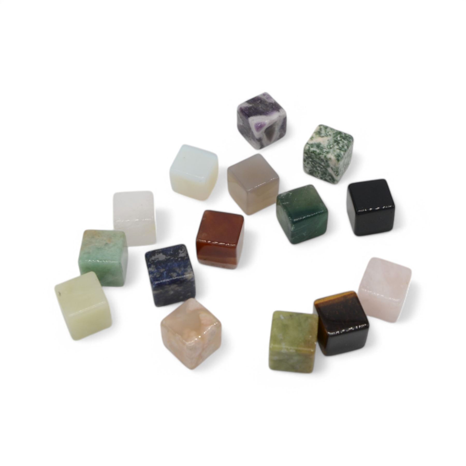 Fifteen cube mineral specimens, each cut and polished to highlight natural formations, including tiger eye, black obsidian, green aventurine, rose quartz, opalite, rhodonite etc, H2cm